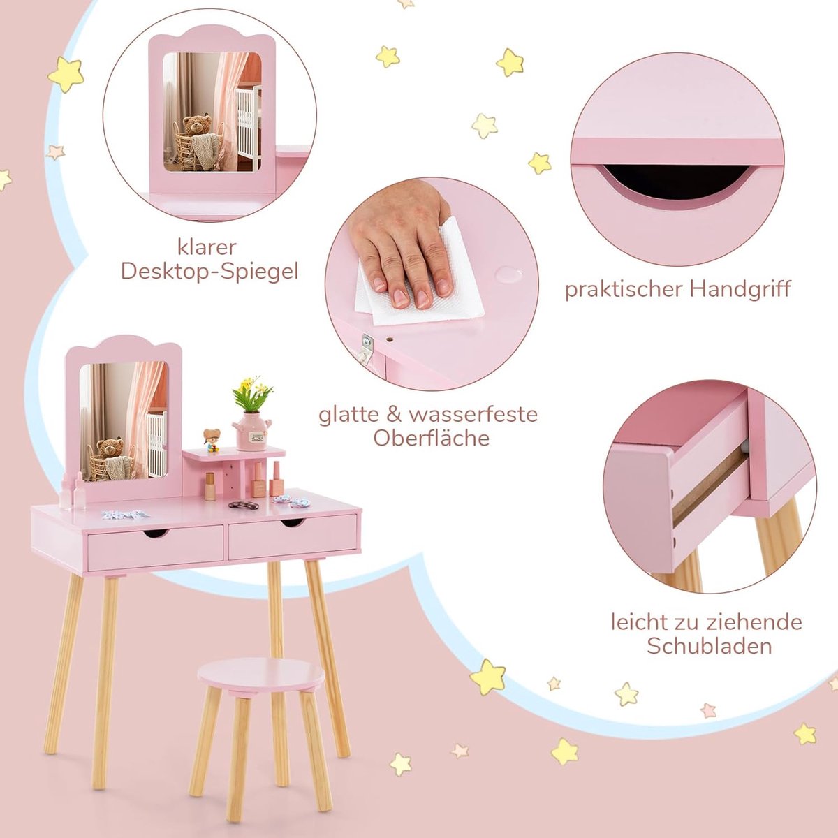 Costway Kaptafel & Bureau voor meisje 3-7 jaar - Roze met spiegel en 2 laden — afbeelding 3