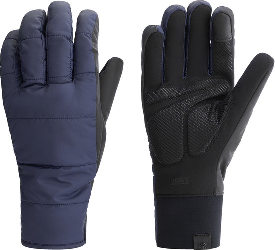 Gepofte donkerblauwe fietshandschoenen met zwarte handpalm en blauw accent.