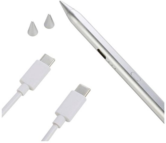 Zilverkleurige stylus met 2 reservespitsen en 2 USB-C kabels