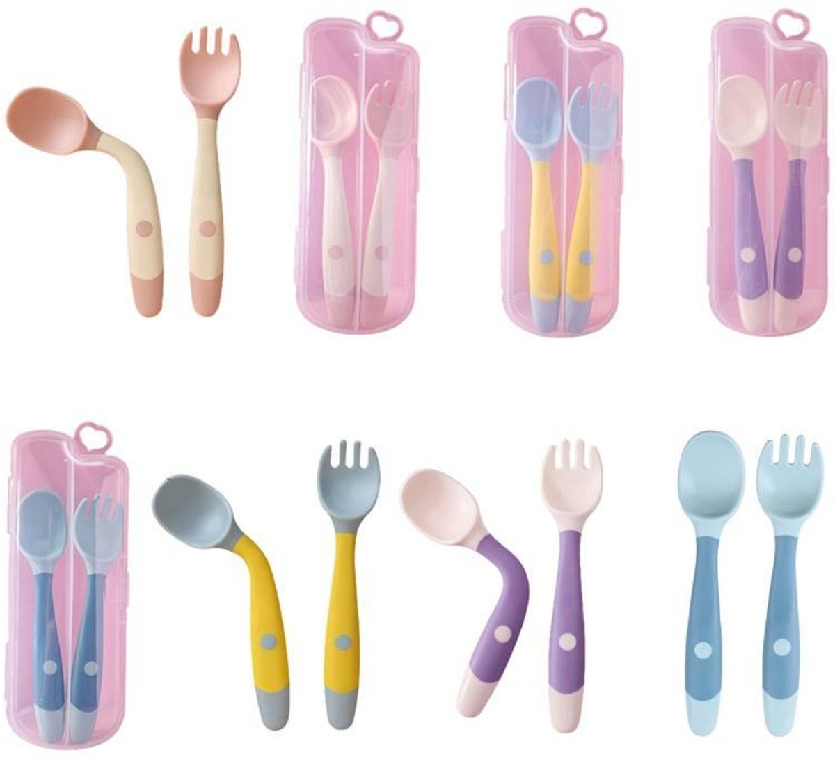 Babylepel en vorkset, zacht en flexibel siliconen lepel en vork servies - paars