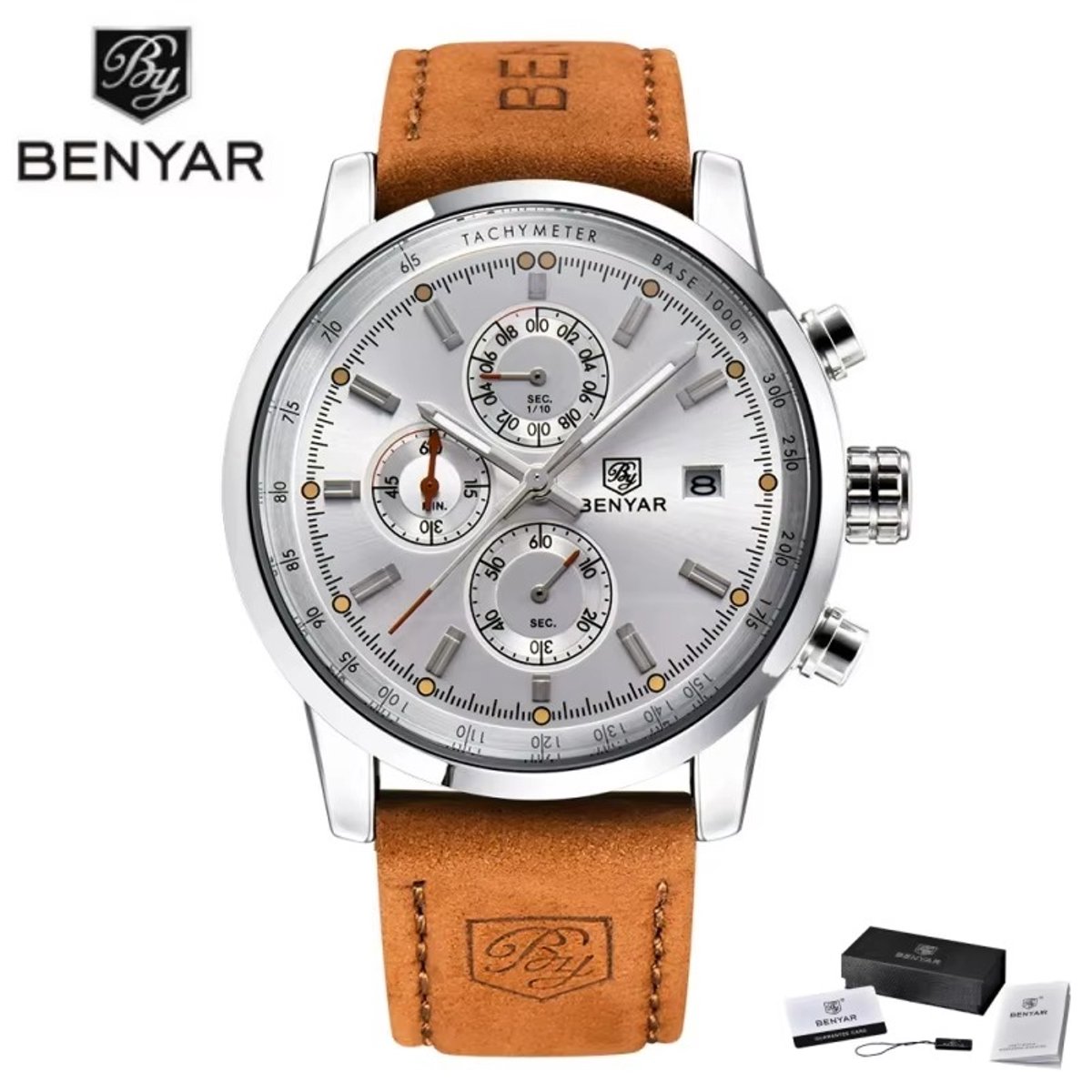 BENYAR Horloge BY-5102 - Lichtbruin-Zilverkleurig - Heren - Quartz - Chronograaf - Lederen Band - Luxe - Sportief