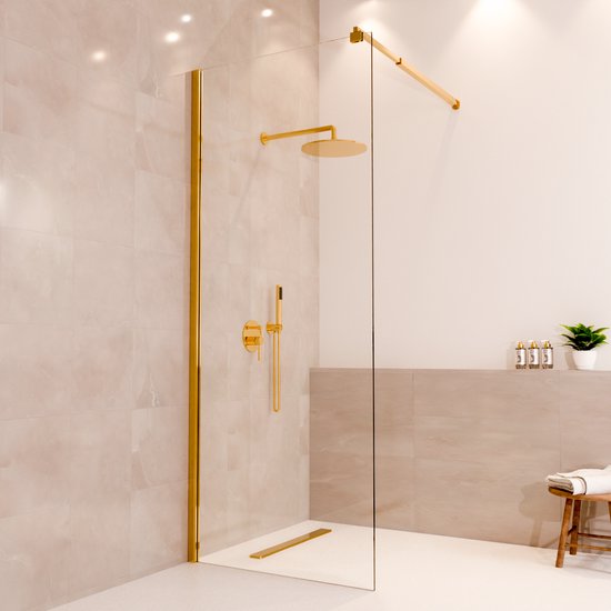Paroi de douche Lomazoo Lima - 80x200 Cm - Douche à l'italienne Goud - Glas transparent 8 mm - Revêtement Nano anticalcaire