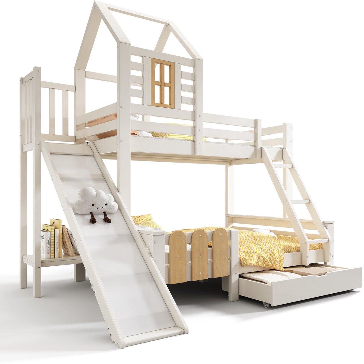 Merax Stapelbed met Glijbaan en Lade – Huisbed 90x200 en 140x200 – Kinderbed met Ladder en Lattenbodem – EN747-1:2024 Veilig – Wit met Bruin