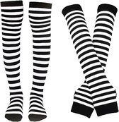 Lang Armwarmers en sokken - Zwart/Wit gestreept - Polyester - Vingerloze handschoenen dames - elastische - handschoenen - Damessokken - Armwarmers - Kniekousen - Voor Verkleedkleding en dagelijks dragen