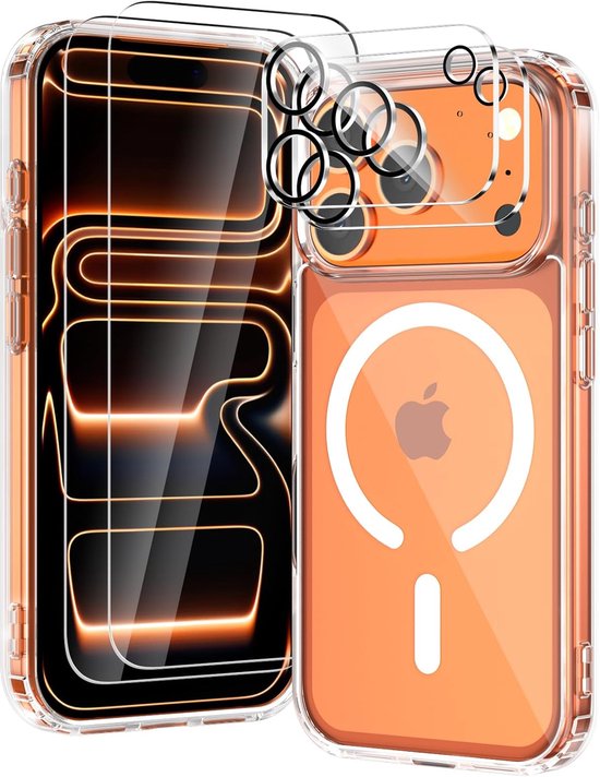 Étui transparent antichoc | Convient pour : iPhone 17 Pro Max - Coque arrière transparente + 2x Protection d'écran en Tempered Glass + 2x Protection d'appareil photo | Compatible avec MagSafe