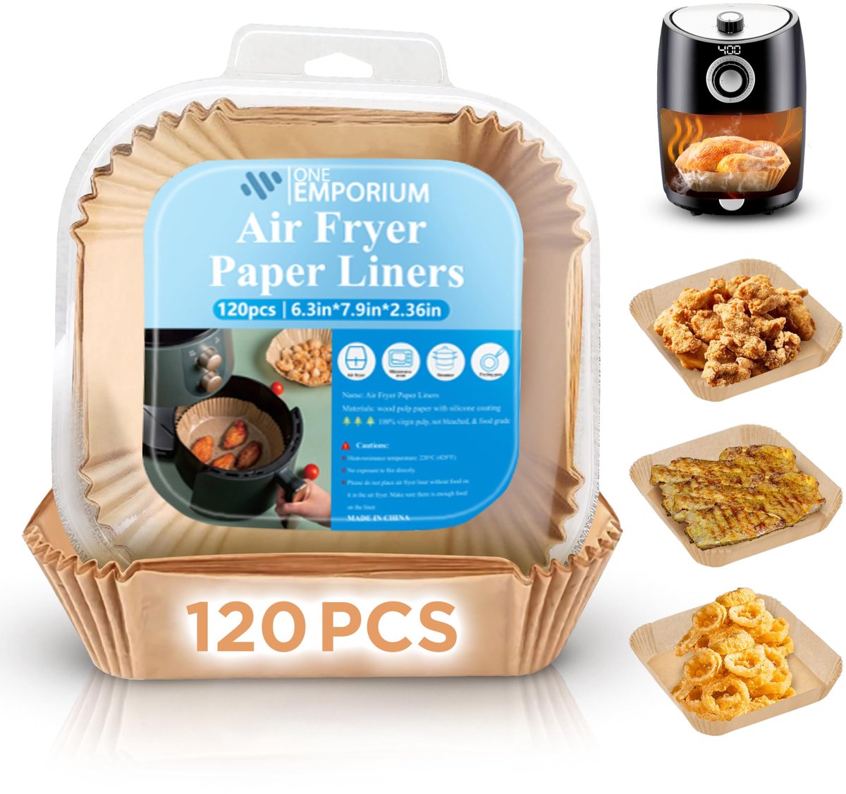 ONE Emporium airfryer papieren liners – 120 stuks – Ø 16 cm – vetvrij & hittebestendig (tot 230 °C) – geschikt voor Ninja/Cosori/Tower