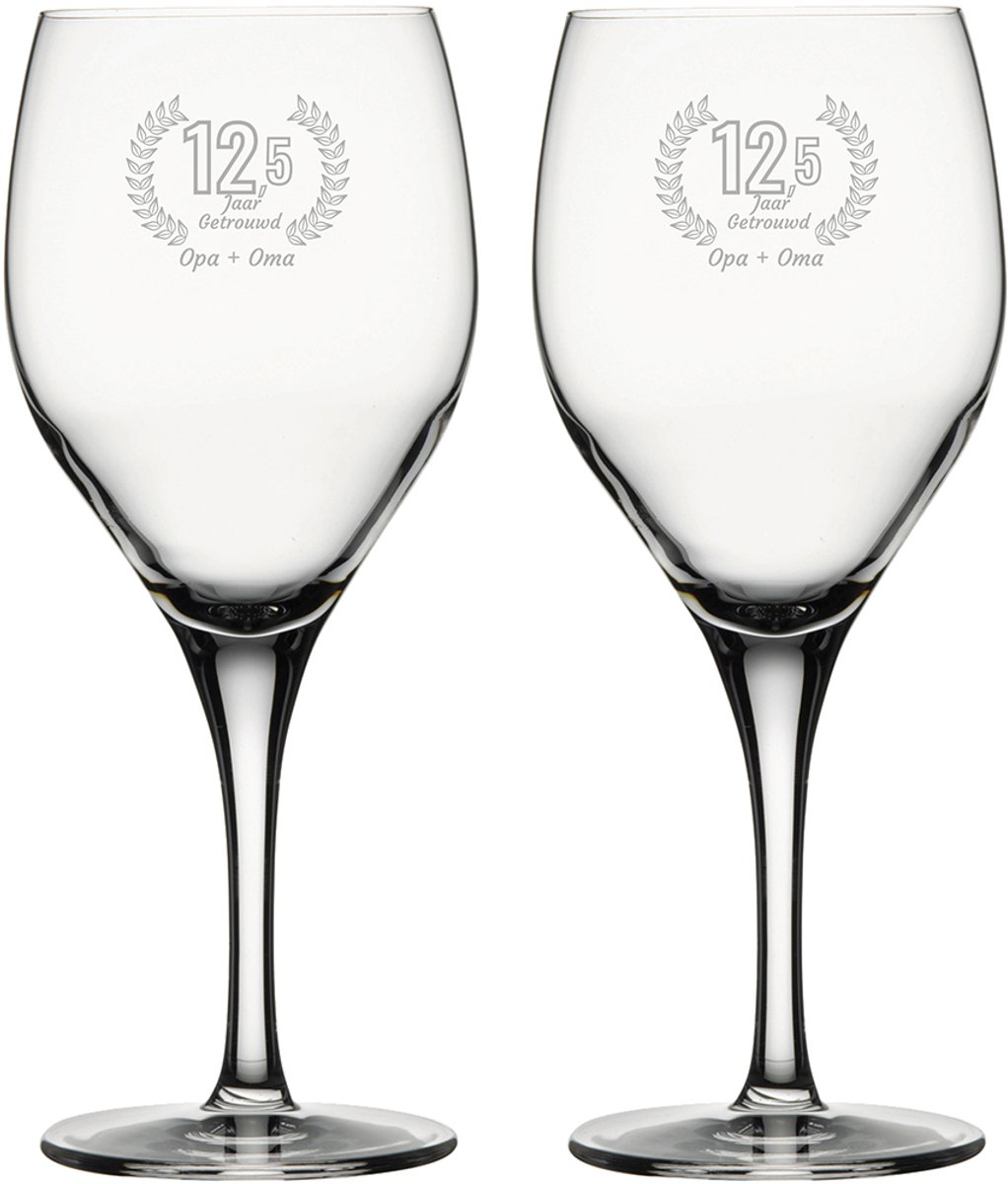 Gegraveerde witte wijnglas 34cl Opa + Oma 12,5 jaar getrouwd