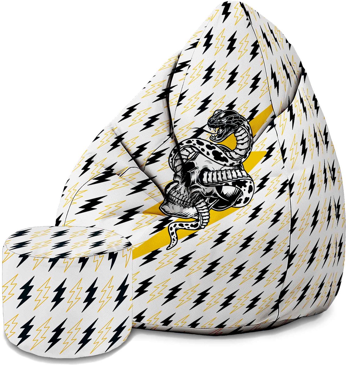 DreamRoots Oxford Zitzak voor Volwassenen – Luxe Beanbag met Voetsteun en Afneembare Hoes – Inclusief Vulling – 80x80x120 cm - Snake Skull Lightninig