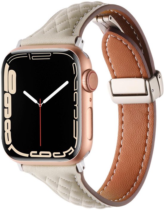 Bracelet en cuir - compatible avec Apple Watch 1/2/3/4/5/6/7/8/9/10/11/ SE (1,2,3) de 38 mm / 40 mm / 41 mm et 42 mm (Watch 10/11) - fermoir magnétique à motif diamant - beige