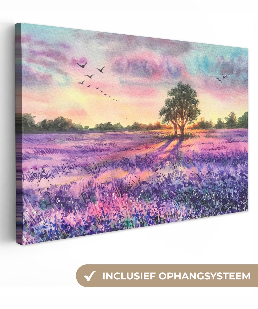 Canvas - Schilderij - Lavendel - Verf - Bloemen - Vogel - Bomen - Schilderijen op canvas - 30x20 cm - Foto op canvas - Wanddecoratie