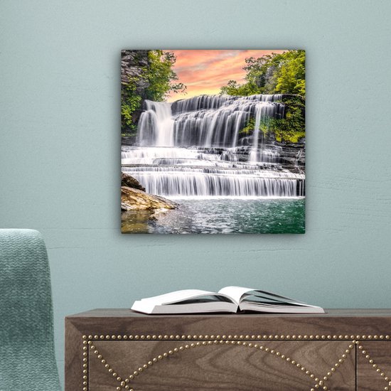 Peinture sur toile - Cascade - Arbre - Plantes - Rocher - Peintures salon - Chambre - Tableaux sur toile nature - Décoration murale - 20x20 cm