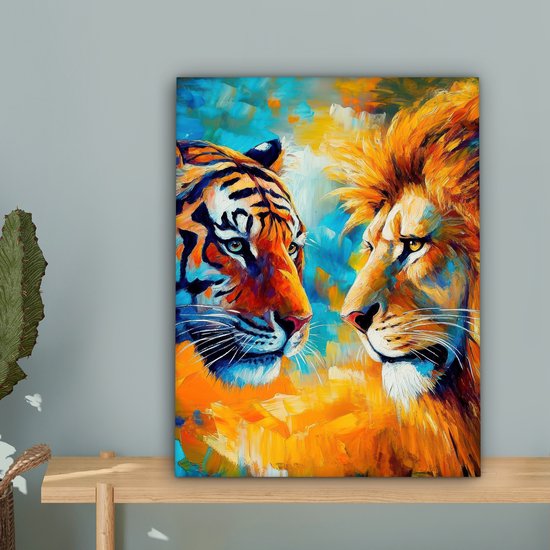 Canvas schilderij 30x40 cm - Wanddecoratie Dieren - Kunst - Leeuw - Tijger - Muurdecoratie woonkamer - Slaapkamer decoratie - Kamer accessoires - Schilderijen op canvas