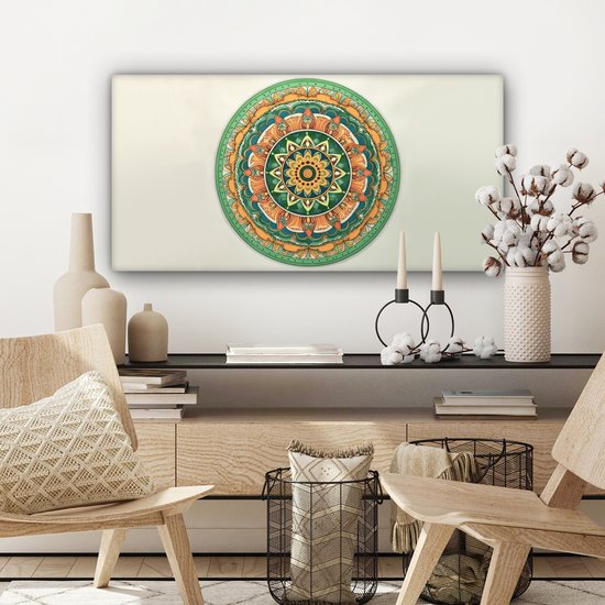 Tableau sur toile Hippie - Mandala - Vert - Boho - Fleurs - 80x40 cm - Décoration murale