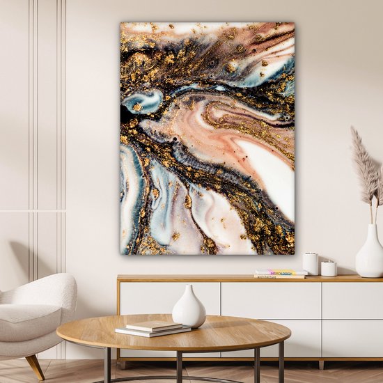 Tableau Toile Aspect Marbre - Goud - Zwart - Glitter - Chic - 90x120 cm - Décoration murale