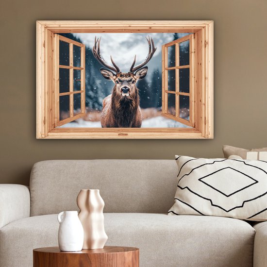 Tableau sur toile 90x60 cm - Décoration murale Vue - Cerf - Animaux - Paysage d'hiver - Neige - Décoration murale salon - Décoration chambre - Accessoires chambre - Peintures