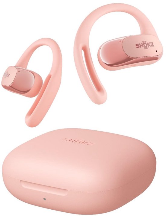 Roze Shokz OpenFit Air oordopjes naast gesloten roze oplaadcase.