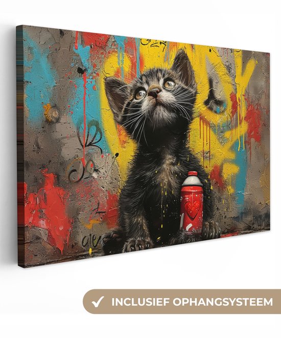 Canvas Schilderij 120x80 cm - Graffiti - Kitten - Street art - Kat - Dier - Wanddecoratie slaapkamer - Muurdecoratie woonkamer - Interieur decoratie - Schilderijen