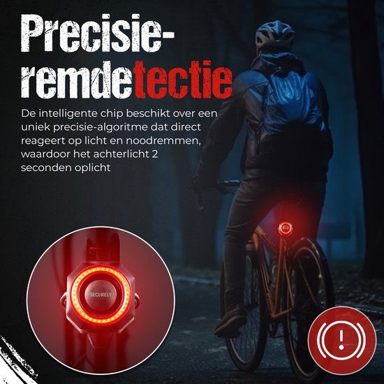 Fietser met zwart alarm met rode lichtring op de fiets, met icoon van remdetectie.
