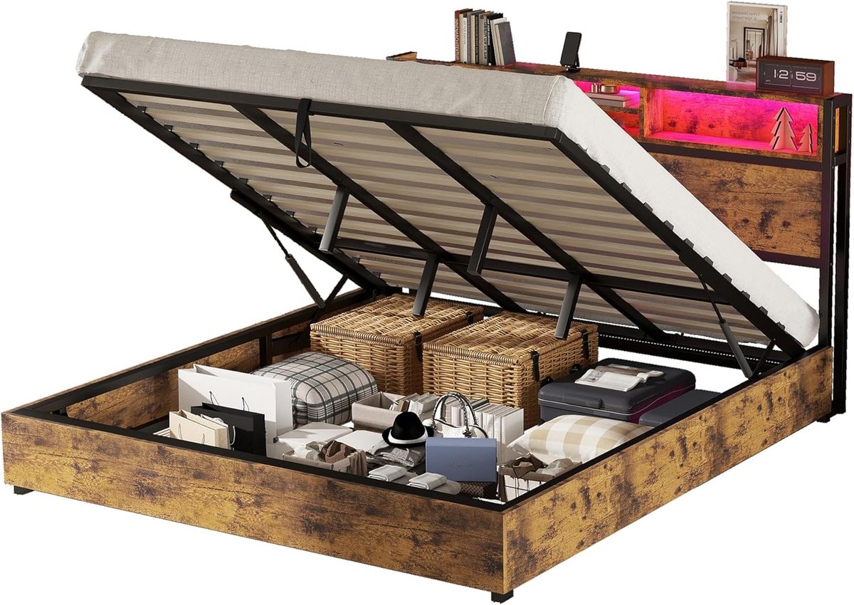 Tweepersoonsbed 180 x 200 cm met Opbergruimte, LED-Verlichting en USB-Aansluiting, Industrieel Vintage Design