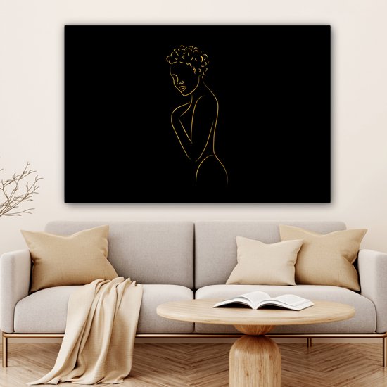 Toile Peinture Femme - Zwart - Or - Dessin au trait - Line cm - Décoration murale