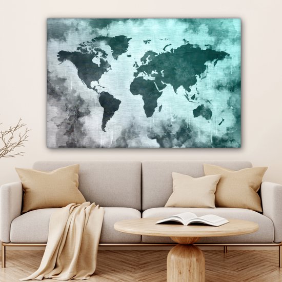 Wereldkaart avec peinture bleu clair et grise sur fond avec motif texturé 120x80 cm