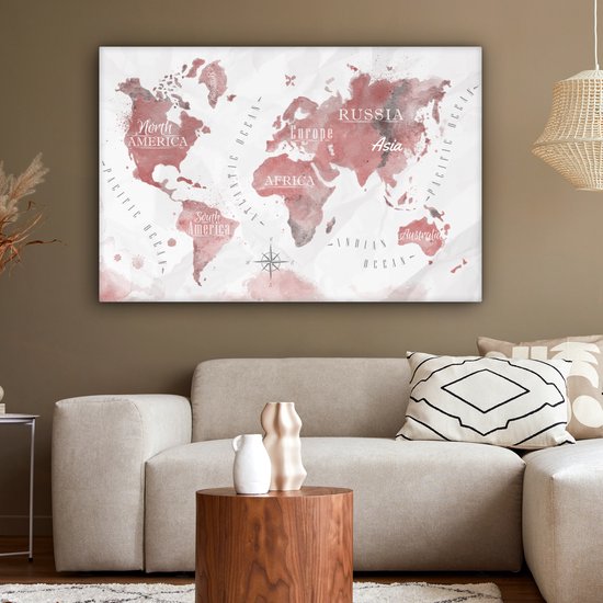 Peintures Toile Wereldkaart - Peinture - Rose - 120x80 cm - Décoration murale