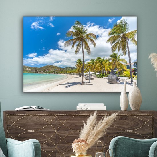 Peintures sur Toile Plage - Chaise Longue - Palmiers - 120x80 cm - Décoration murale