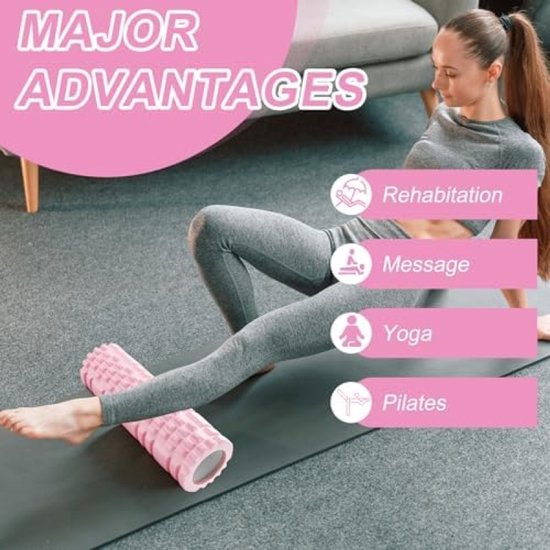 Massageroller - Sport - Roze Foam Roller Fasciarol Yoga Massageroller voor Spierontspanning Triggerpoint Massage Rug Nek Taille Benen Fasciale Training 30x8 cm — afbeelding 4