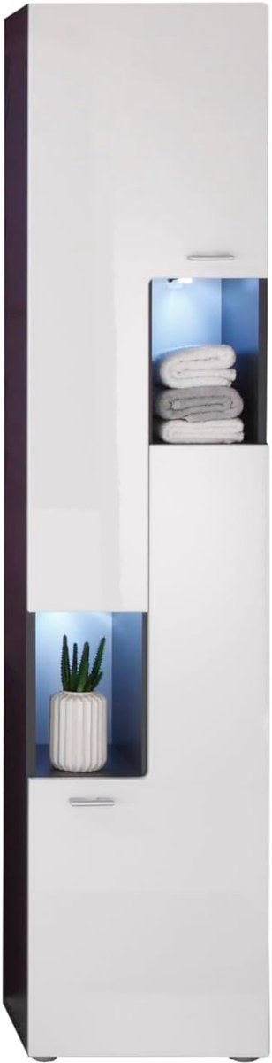 Hoge kast voor badkamer - Moderne grafietkleur met hoogglans wit - 40 cm breed, 182 cm hoog, 30 cm diep