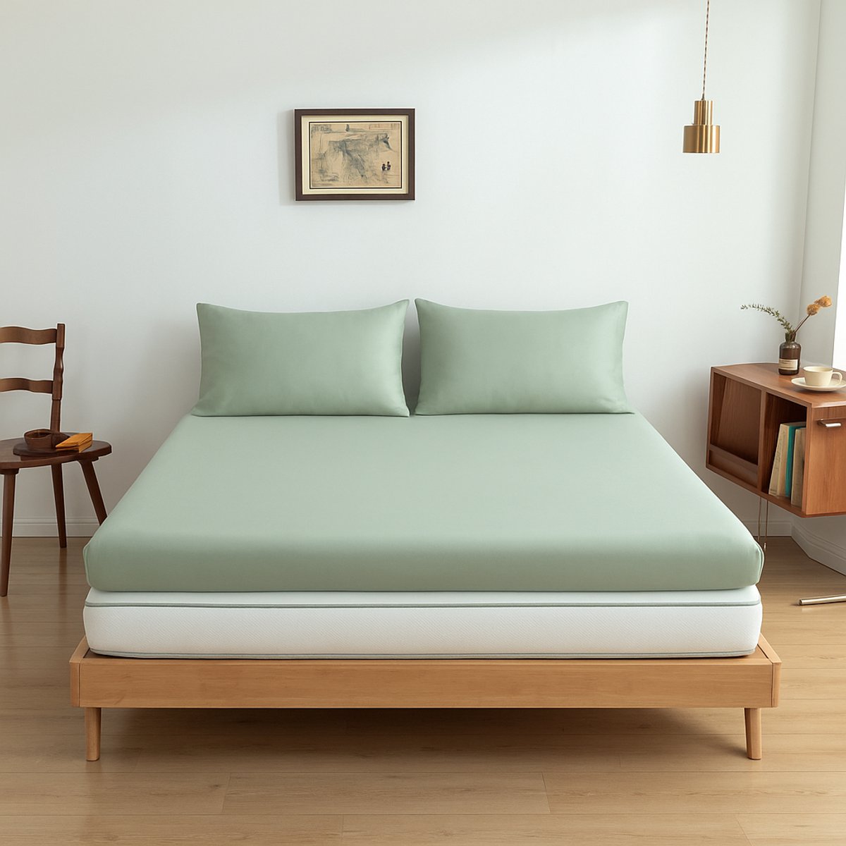 Bamboe hoeslaken Sage Green lichtgroen 160x200 cm – Topdekmatras hoeslaken, zacht, ademend & hypoallergeen | Boomba Bamboo®