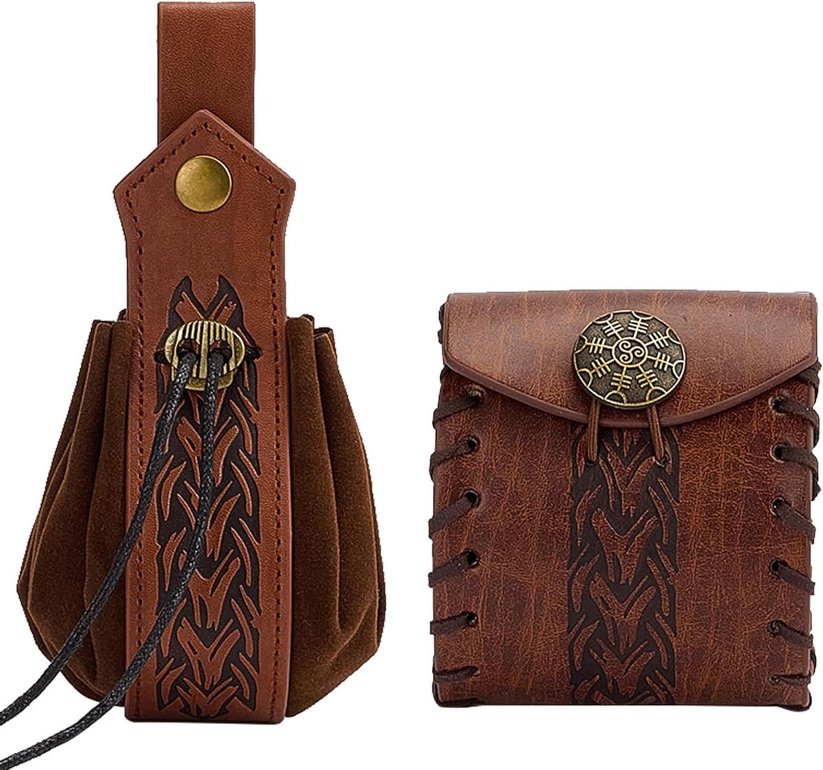 JHubers Goods - - Middeleeuwse heuptas van kunstleer - set van 2 - Renaissance tas met trekkoord - vintage design - ideaal voor munten en portemonnee