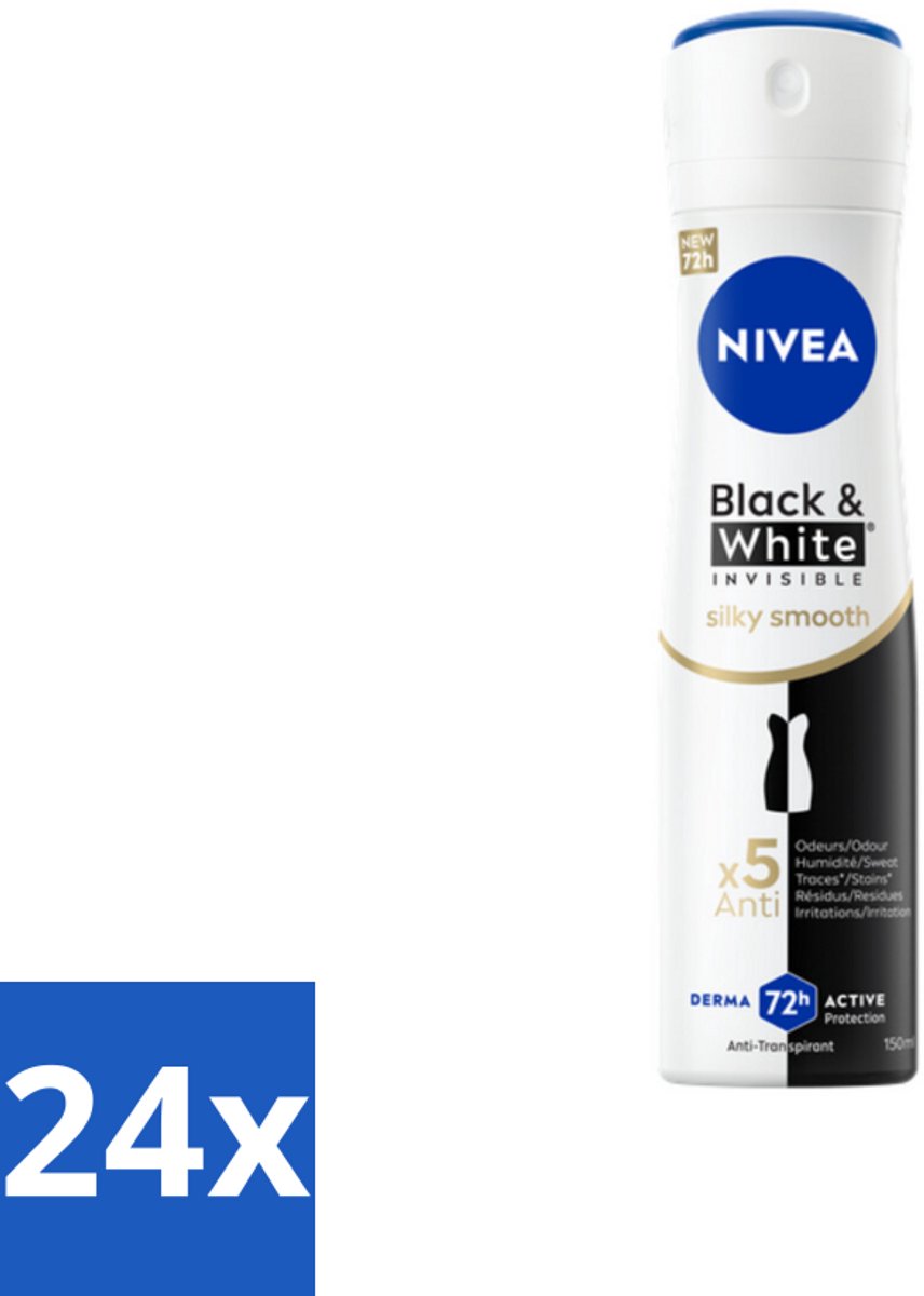 24 x NIVEA Deodorant Spray Black & White Silky Smooth 150 ml - Anti-vlekken - 72 Uur Bescherming - Deodorant Spray - Zwart-wit - Huidverzorging