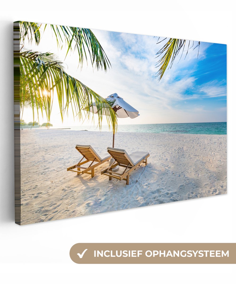 Canvas schilderij 140x90 cm - Wanddecoratie Strandstoel - Parasol - Zonsondergang - Muurde
