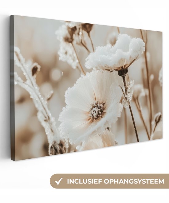 Canvas schilderij 120x80 cm - Wanddecoratie Bloemen - Winter - Wit - Sneeuw - Beige - Muurdecoratie woonkamer - Slaapkamer decoratie - Kamer accessoires - Schilderijen op canvas