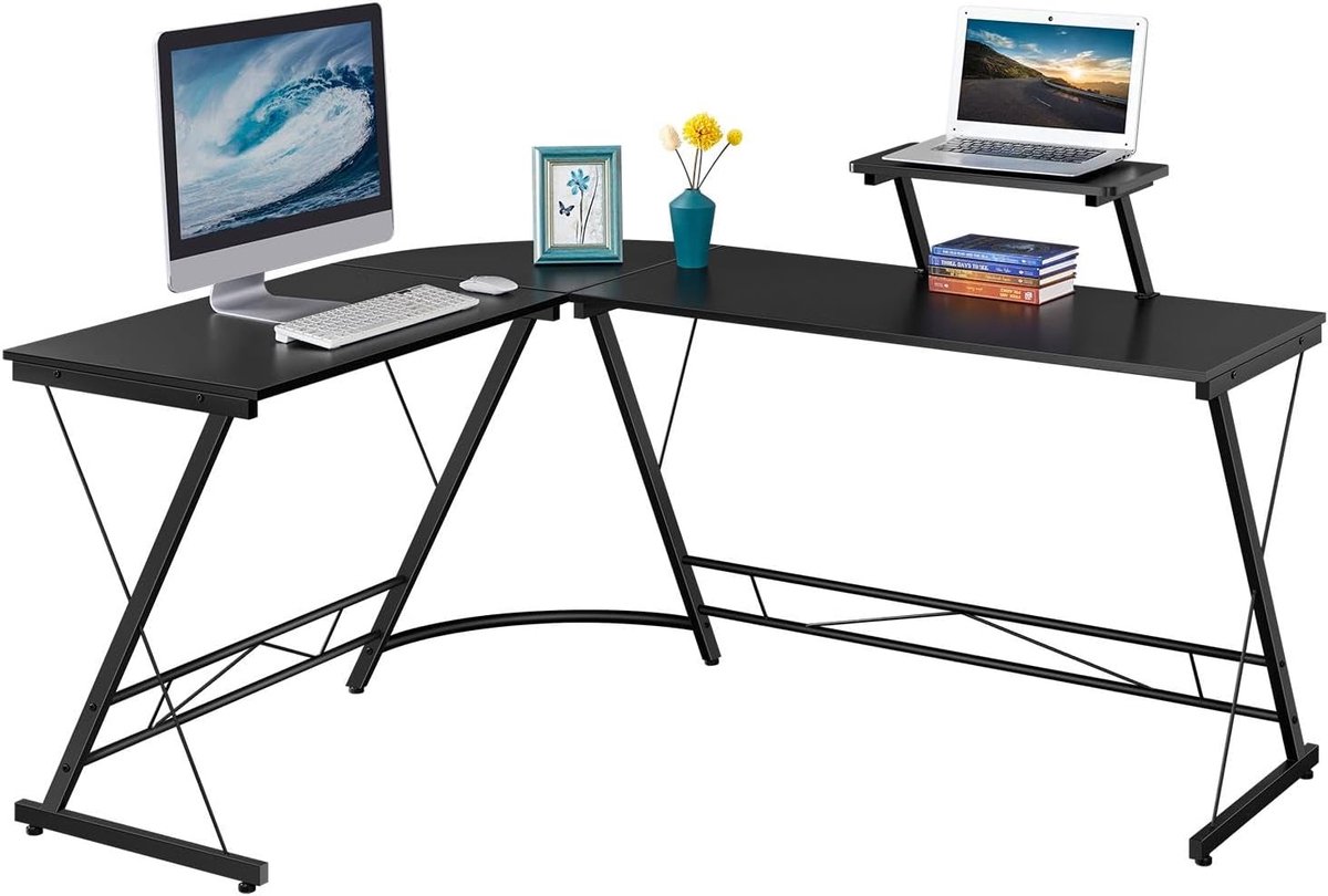 L-vormig hoekbureau met extra werkruimte en monitorstandaard