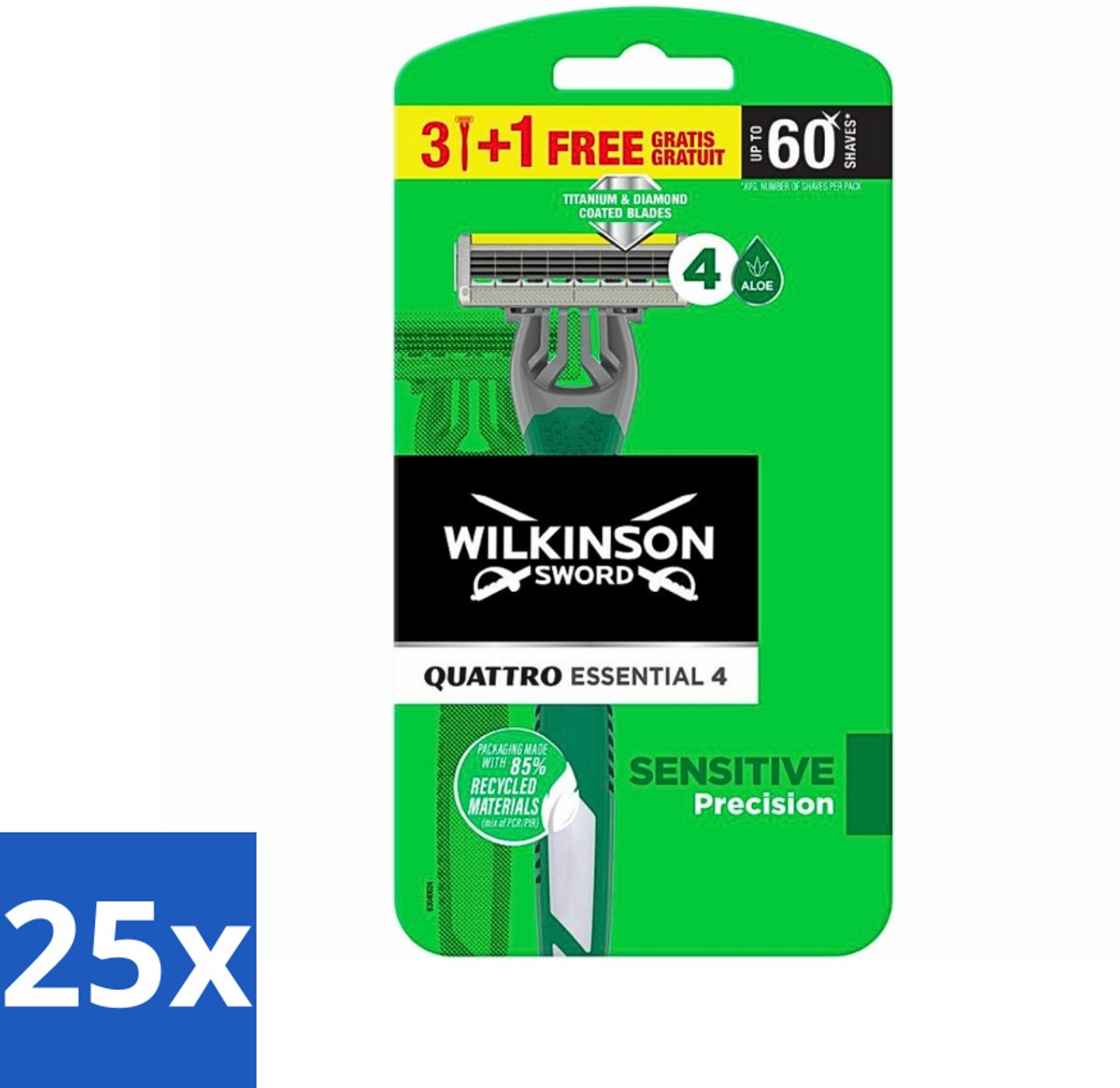 25 x Wilkinson - Wegwerpscheermesjes - Quattro Essential 4 - Strak Scheren - 4 mesjes - Scheermesje - Wegwerpscheermesje - Strak Scheren - Titanium Mesje - Precisie Mesje