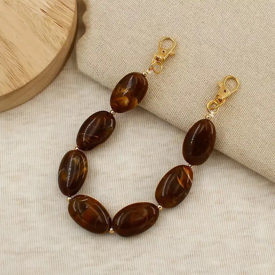 Téléphone - Bijoux - Pendentif - Téléphone portable - Collier - Poignet - Cordon - Perles - Sac à main - Ovale - Marron