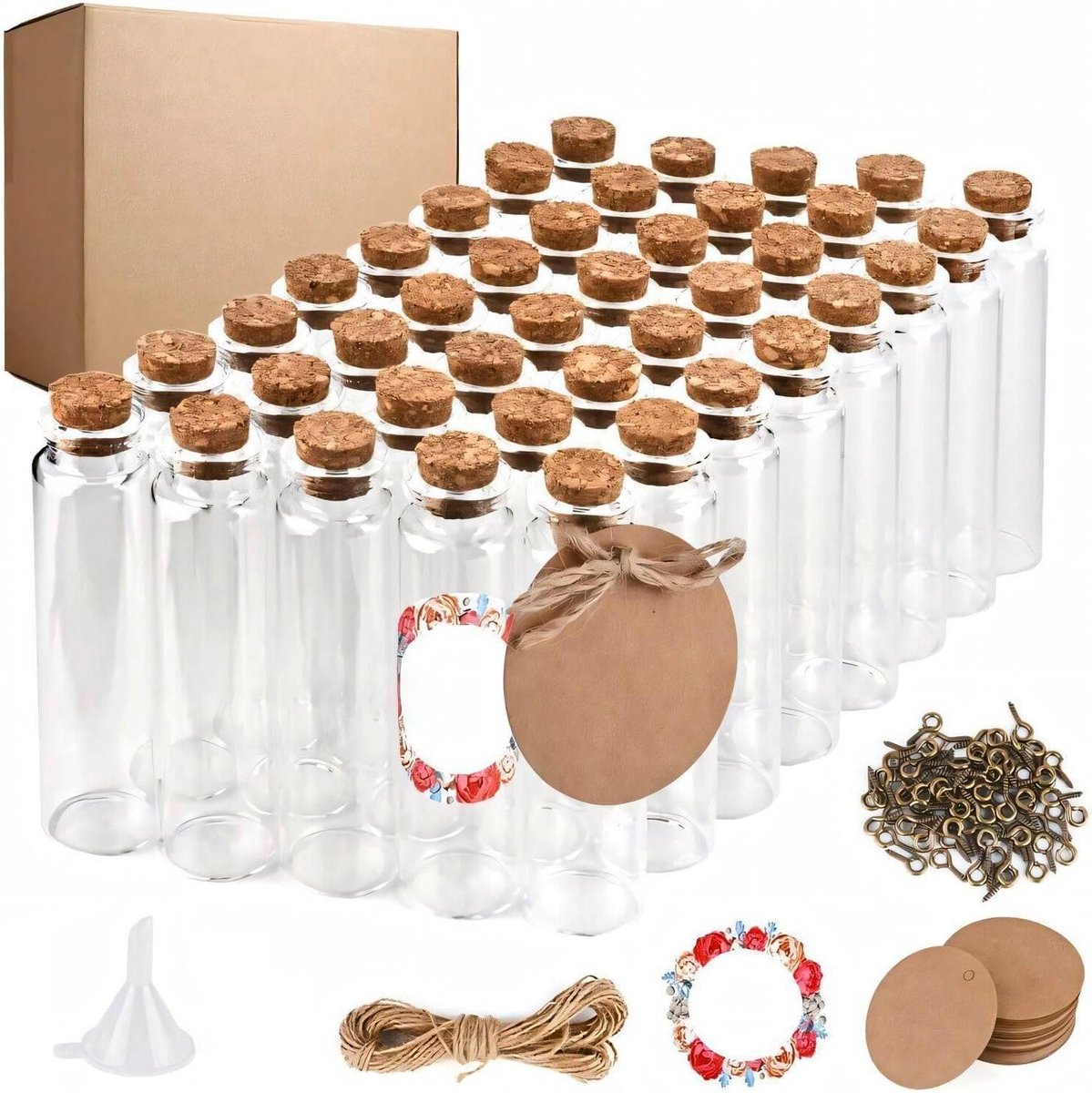 Allecto plus - Glazen mini-flessen 20 ml - 40 stuks reageerbuizen met kurk - Flesjes om te vullen - Decoratie voor bruiloft - Inclusief hennep touw, trechter, schroeven, stickers, etiket