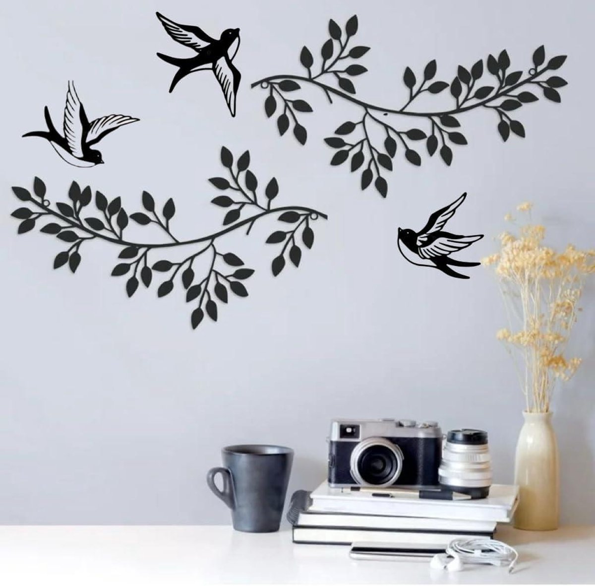 Allecto plus - Metalen olijfboom muurkunst zwart - moderne decoratie vogelsilhouetten - binnen en buiten - woonkamer slaapkamer tuin - muursculptuur met boomblad.