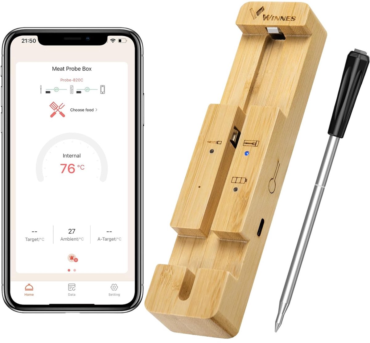 Bluetooth Keukenthermometer - Draadloze Vleesthermometer voor BBQ en Oven met IPX7 Waterdicht