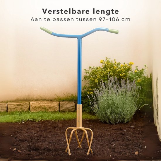 Cheqo® Tuinklauw Verstelbaar - 4-Tands Woelvork - Grond Beluchten - Onkruid Verwijderen - in Lengte Verstelbaar - Ergonomisch Handvat - Staal met Kunststof - Rug- en Knieontlastend - Tuinieren zonder Bukken - Woelvork met Handvatten — afbeelding 2