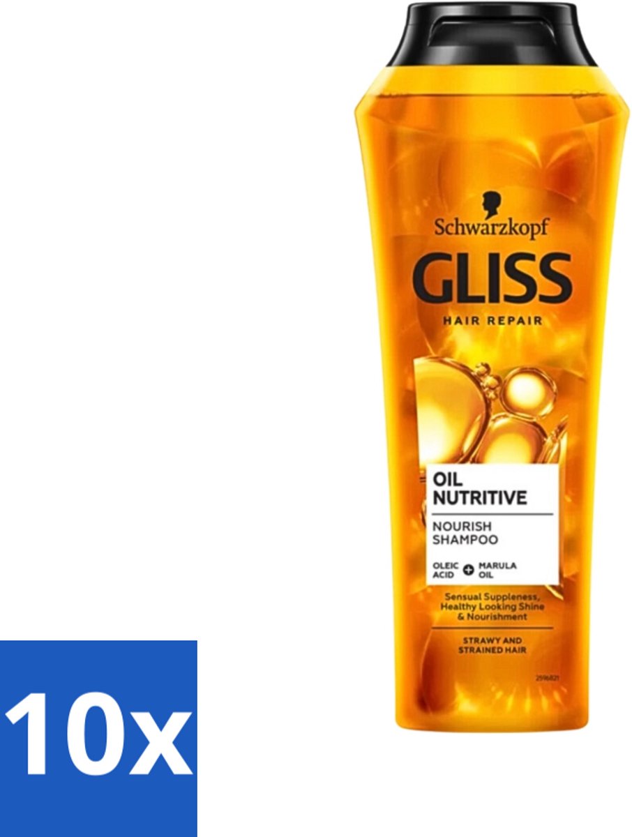 10 x Gliss - Shampoo - Oil Nutritive - Voor Voedend en Zijdezacht Haar - 250 ml - Voedend Haar Shampoo - Droog Haar Shampoo - Lang Haar Shampoo - Zijdezachte Haar - Gespleten Haarpunten
