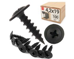 LUN FIX - Set zelftappende schroeven 4,2x19 mm - 100 stuks - gefosfateerd zwart - schijfflens voor plaat, kunststof op hout
