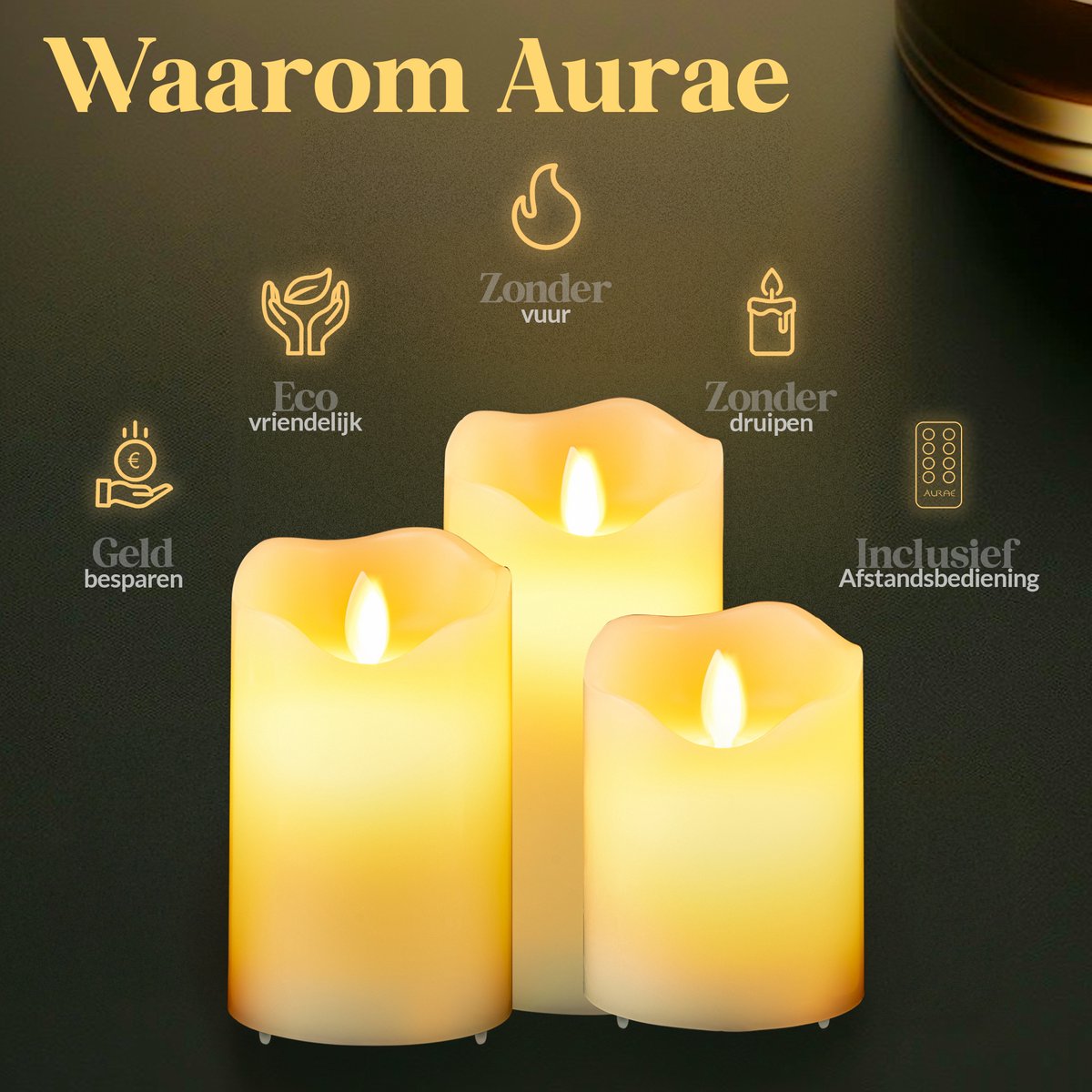Aurae Oplaadbare Led Kaarsen met Bewegende Vlam - 3x - Echte Wax - 35+ Branduren - Afstandsbediening - Flikkerende Vlam - Oplaadbaar - Timer - Kerst Kaarsen — cadeau in Wonen & Interieur - foto 3