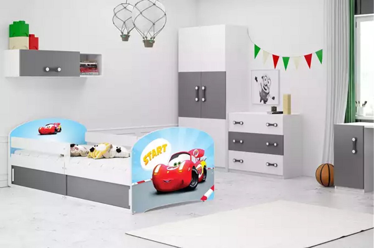 BMS - Single Kids Bed LUKI 1 - 80x160 cm - Wit met Opbergruimte en Auto Motief