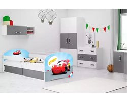 BMS - Single Kids Bed LUKI 1 - 80x160 cm - Wit met Opbergruimte en Auto Motief