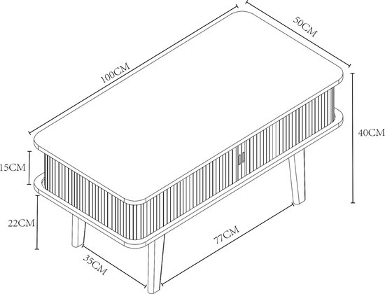 Technische tekening van een salontafel met afmetingen 100x50x40 cm.