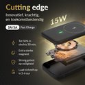 Zwarte draadloze powerbank met 15W Fast Charge, 5A/3A. Toont interne spoel en magnetische ring.