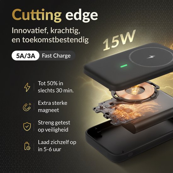Zwarte draadloze powerbank met 15W Fast Charge, 5A/3A. Toont interne spoel en magnetische ring.