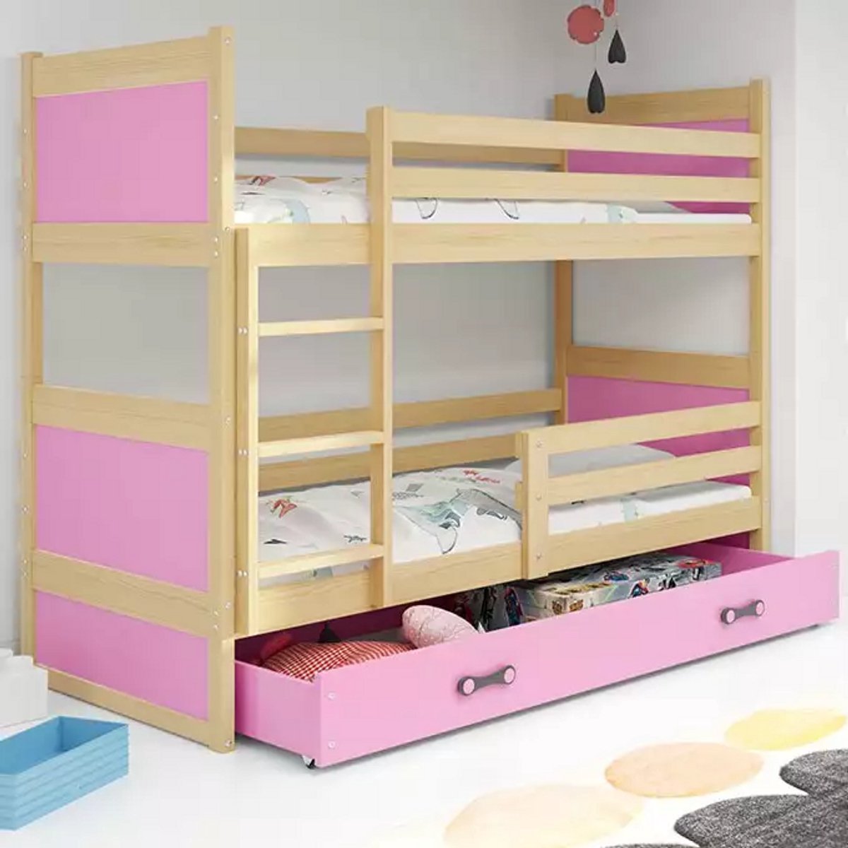 BMS RICO - Jeugd Bunk Bed - 90x190 - Met Mattress en Lade - Pine/Pink